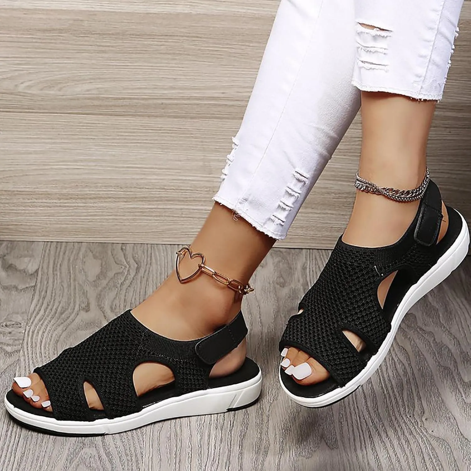oiangi Summer Sandals for Women Platform Fashion Breathable Mesh Walking Shoes Solid Color Casual Comfortable Elastic Knit Slingback Ladies Shoes