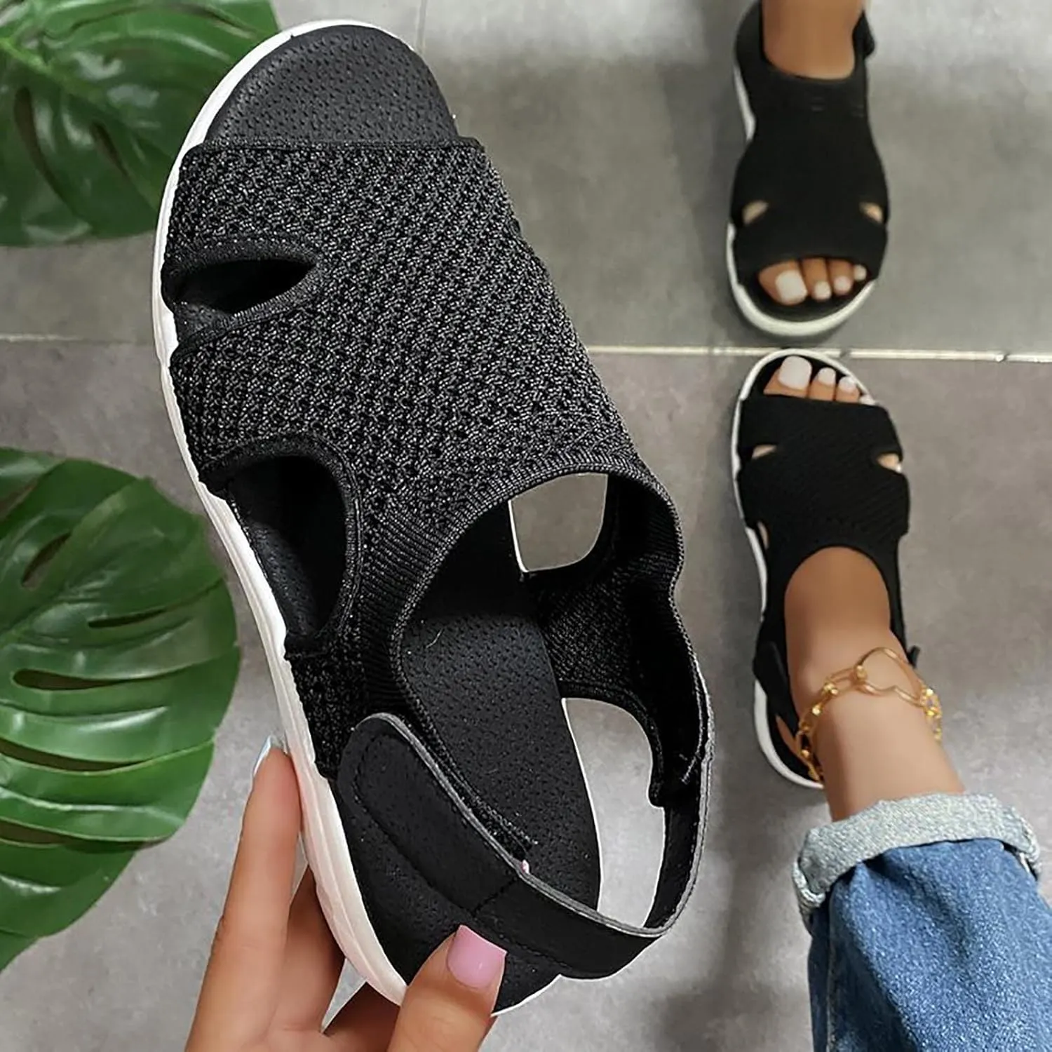 oiangi Summer Sandals for Women Platform Fashion Breathable Mesh Walking Shoes Solid Color Casual Comfortable Elastic Knit Slingback Ladies Shoes