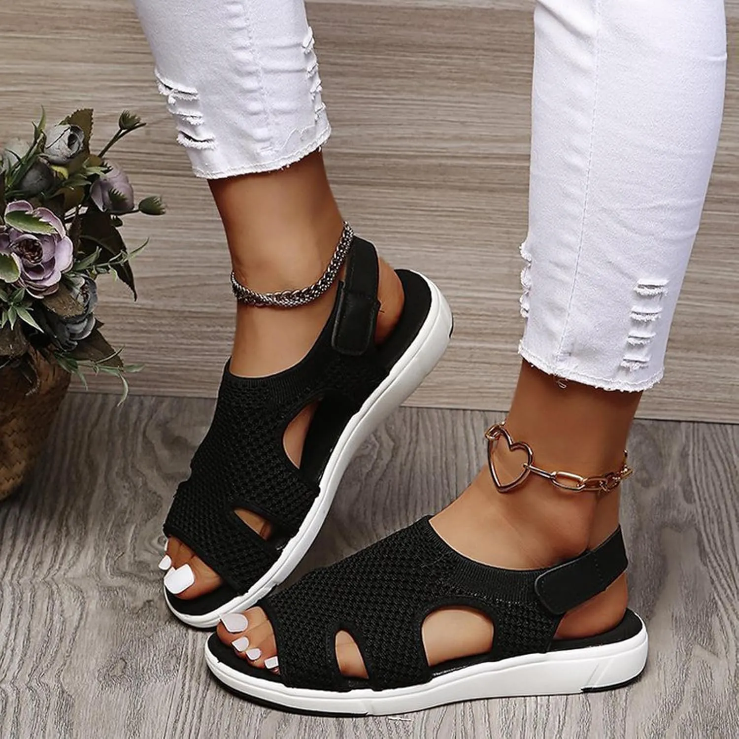 oiangi Summer Sandals for Women Platform Fashion Breathable Mesh Walking Shoes Solid Color Casual Comfortable Elastic Knit Slingback Ladies Shoes