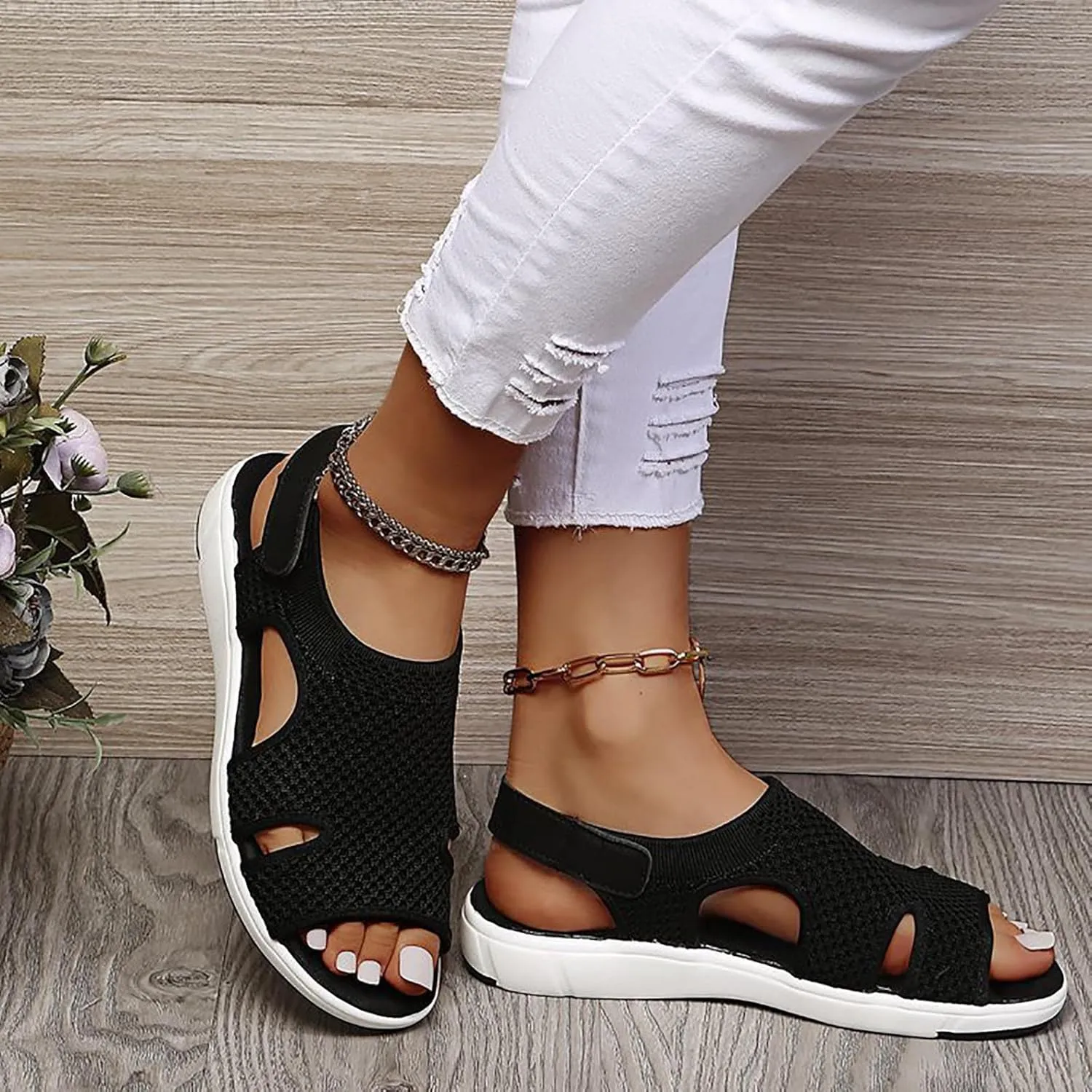 oiangi Summer Sandals for Women Platform Fashion Breathable Mesh Walking Shoes Solid Color Casual Comfortable Elastic Knit Slingback Ladies Shoes