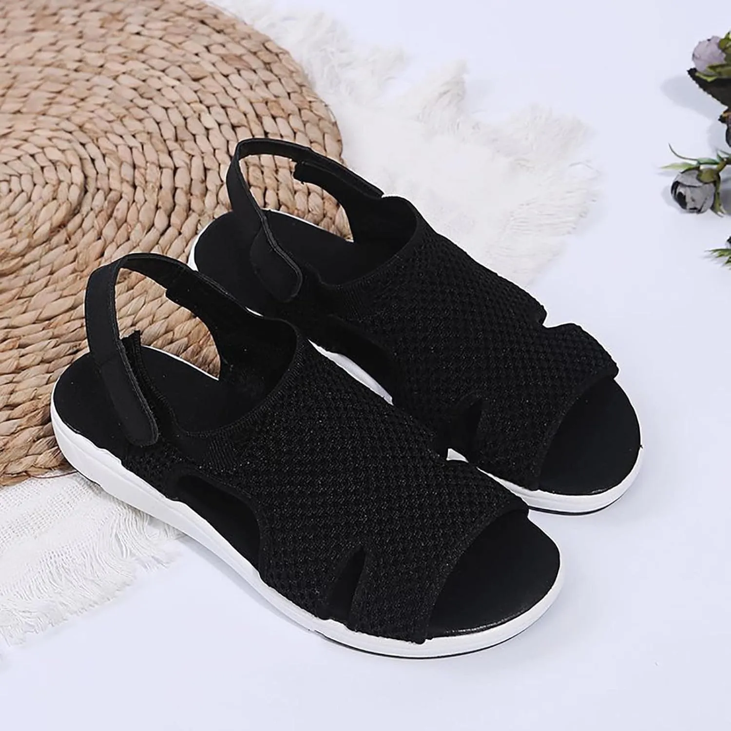 oiangi Summer Sandals for Women Platform Fashion Breathable Mesh Walking Shoes Solid Color Casual Comfortable Elastic Knit Slingback Ladies Shoes