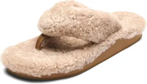 OLUKAI Kipe'a Heu Women's Sandal Slippers, Soft & Comfortable Shearling-Wrapped Straps, Durable RUbber Outsoles for All-Day Wear, Causal & Cute Everyday Style, Tan/Tan, 6