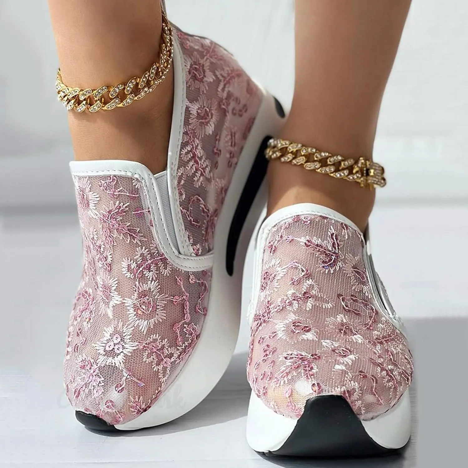 Orthopedic Wedge Sandals for Women 2025 Summer Platform Wedges Sneakers Comfortable Arch Support Breathable Walking Shoe Fashion Embroidery Floral Mesh Air Hidden High Heels Slip On Shoes