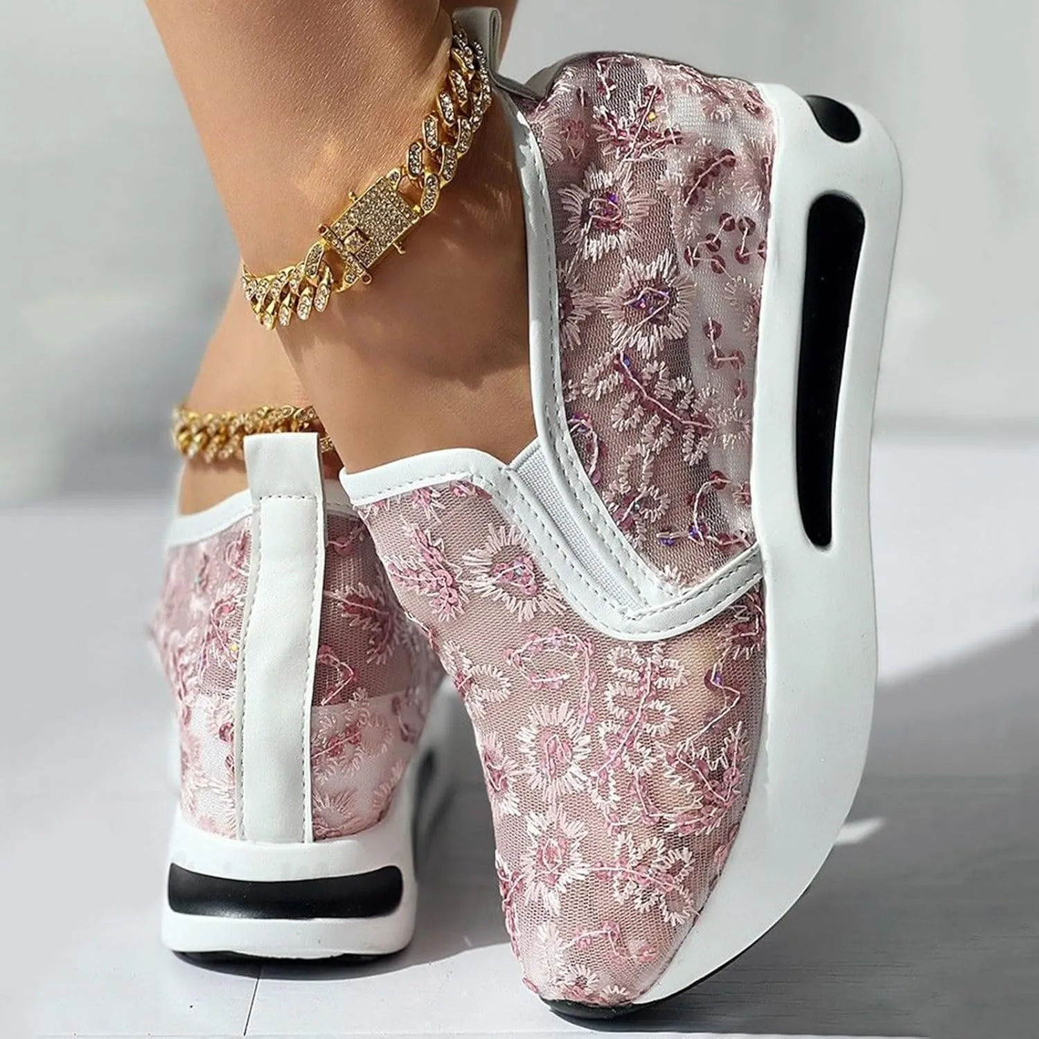 Orthopedic Wedge Sandals for Women 2025 Summer Platform Wedges Sneakers Comfortable Arch Support Breathable Walking Shoe Fashion Embroidery Floral Mesh Air Hidden High Heels Slip On Shoes