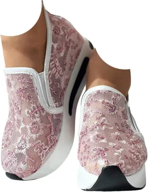 Orthopedic Wedge Sandals for Women 2025 Summer Platform Wedges Sneakers Comfortable Arch Support Breathable Walking Shoe Fashion Embroidery Floral Mesh Air Hidden High Heels Slip On Shoes