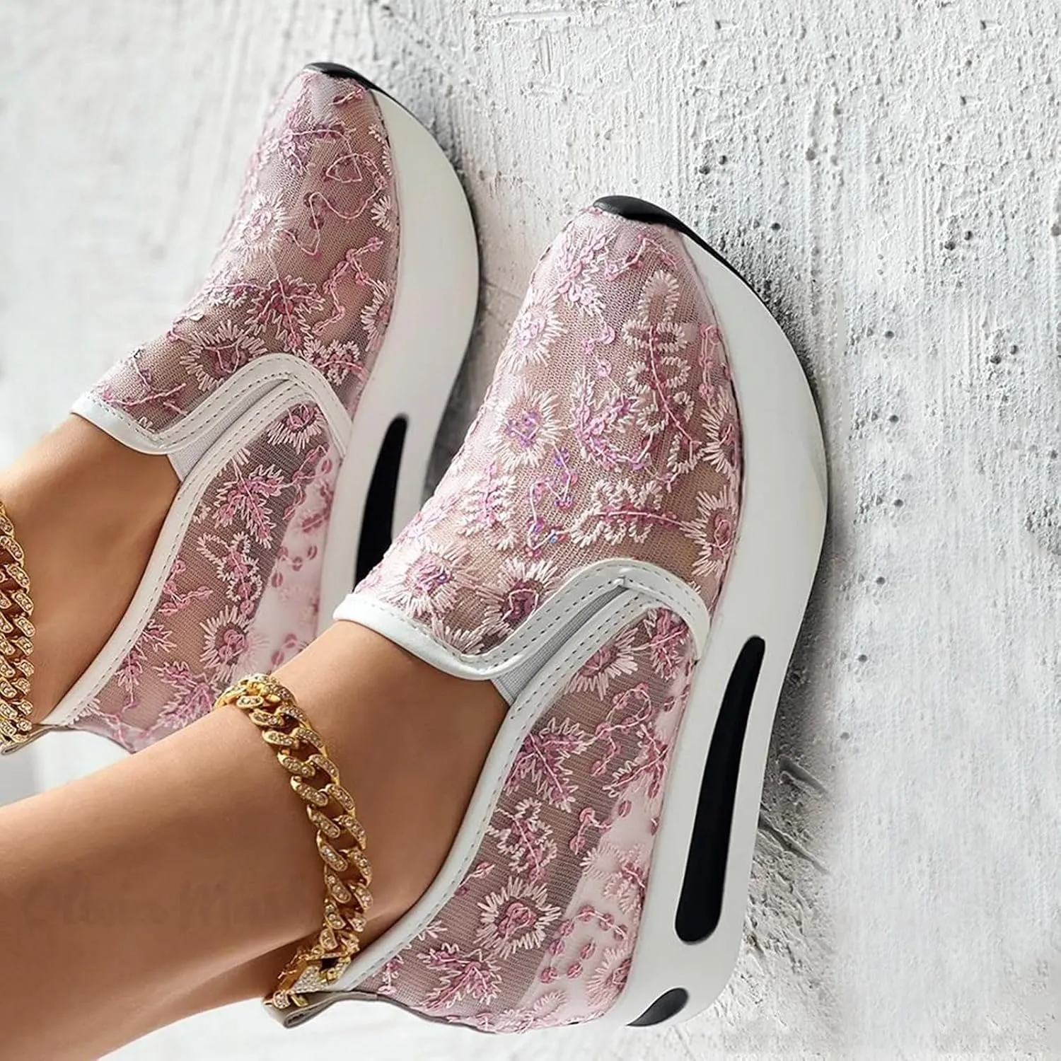 Orthopedic Wedge Sandals for Women 2025 Summer Platform Wedges Sneakers Comfortable Arch Support Breathable Walking Shoe Fashion Embroidery Floral Mesh Air Hidden High Heels Slip On Shoes