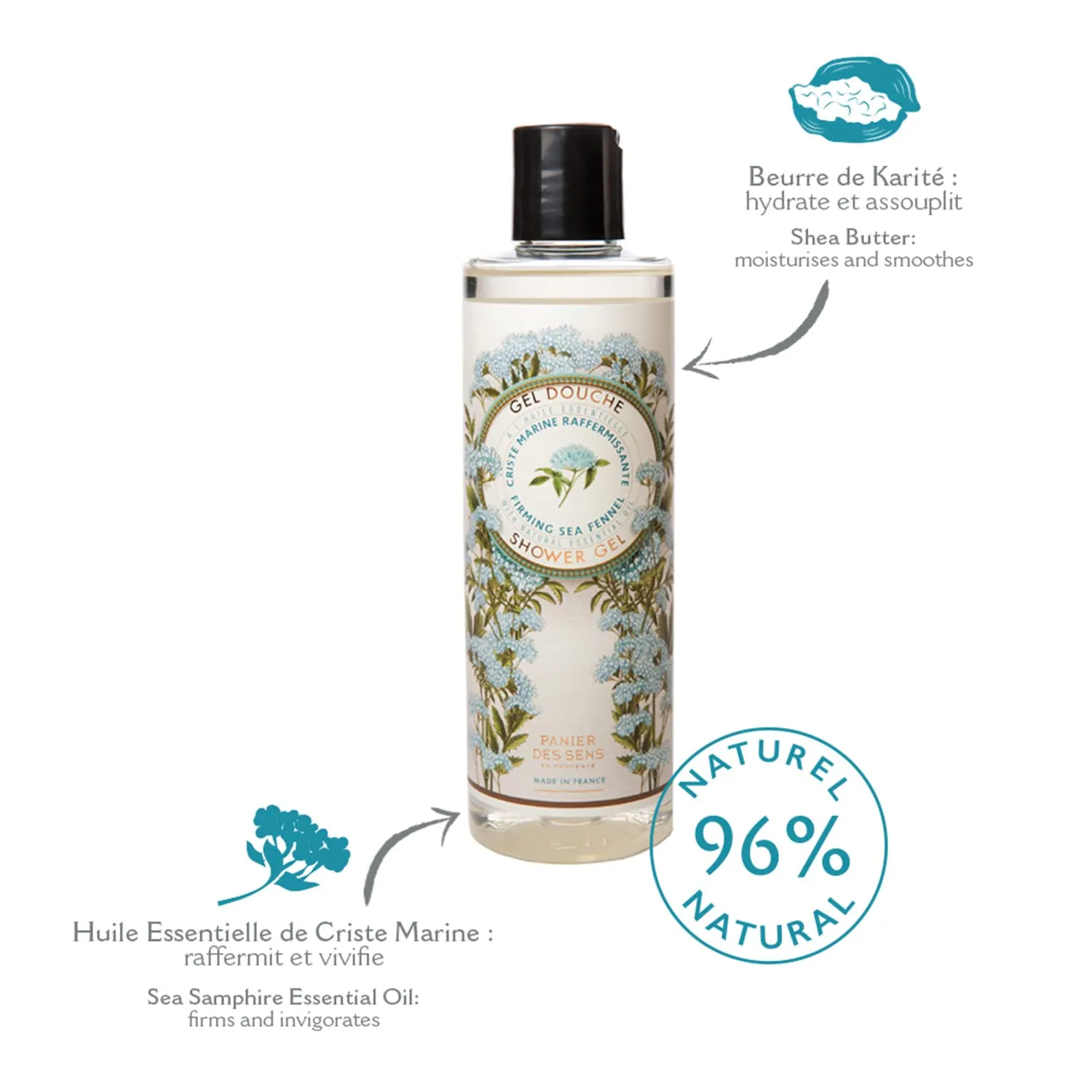 Panier des Sens – Sea Samphire Shower Gel - Foaming Body Wash Women & Men - Moisturizing Body Soap with Shea Oil - 96% Natural Ingredients Body Care - Vegan Liquid Body Wash - 8,45 floz