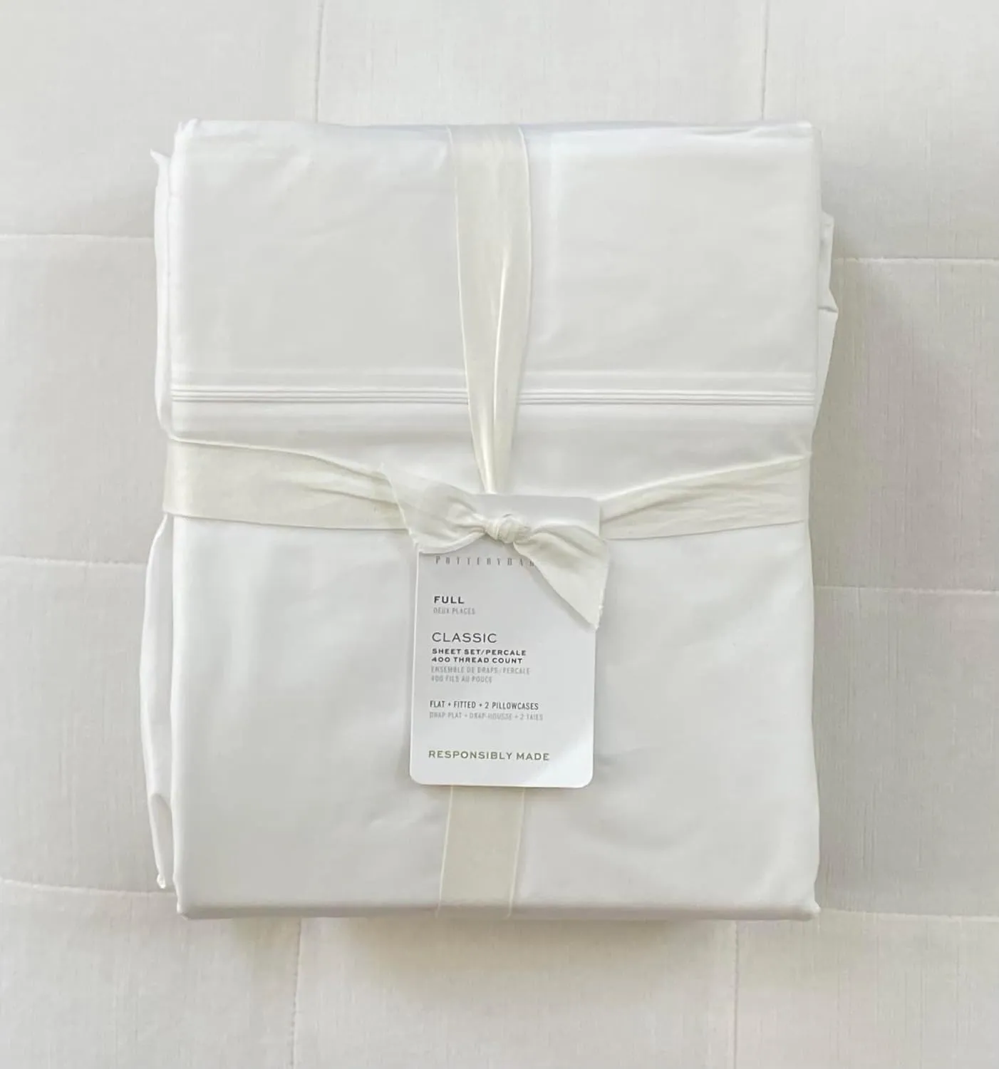 Pottery Barn Classic 400 Thread Count Organic Percale Sheet Set~Full ~*White*~