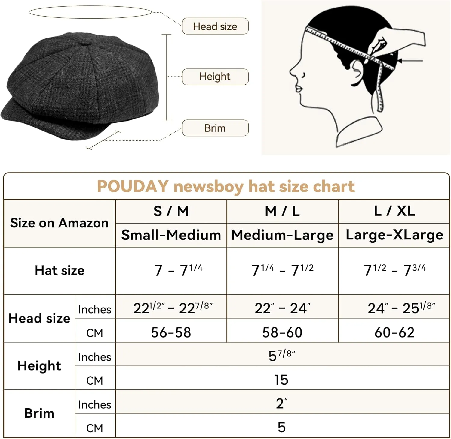 POUDAY Newsboy Cap for Men - Irish Newsies Cabbie Hat - Flat Winter Hat