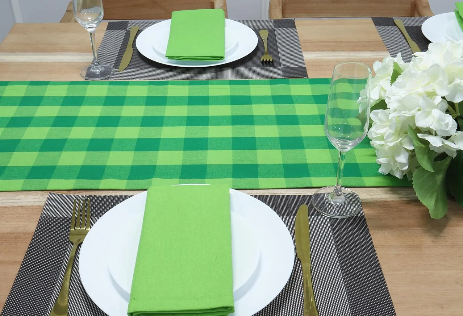 PurpleEssences Plaid Table Runner Classic Farmhouse 100% Cotton Checkered Table Runner St Patricks Day 14x72 Inch - St Patricks Green