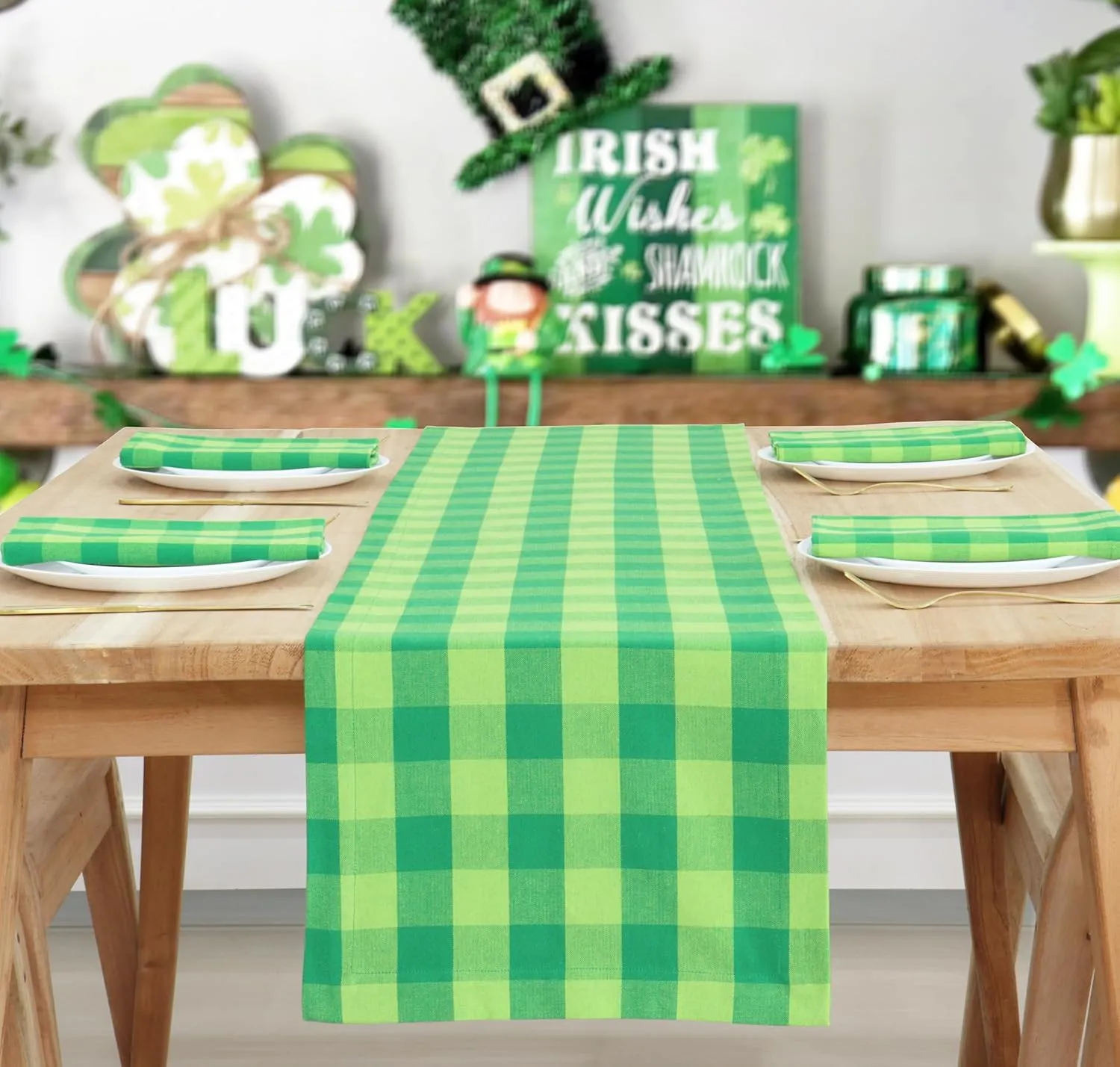 PurpleEssences Plaid Table Runner Classic Farmhouse 100% Cotton Checkered Table Runner St Patricks Day 14x72 Inch - St Patricks Green