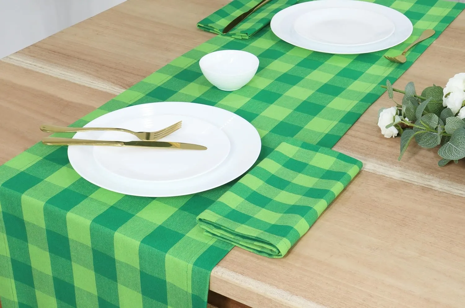 PurpleEssences Plaid Table Runner Classic Farmhouse 100% Cotton Checkered Table Runner St Patricks Day 14x72 Inch - St Patricks Green