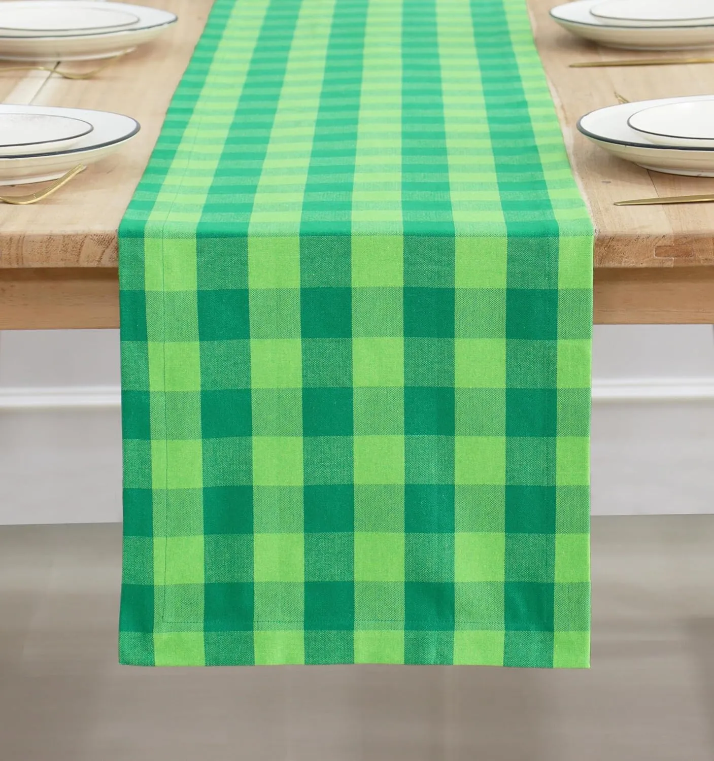 PurpleEssences Plaid Table Runner Classic Farmhouse 100% Cotton Checkered Table Runner St Patricks Day 14x72 Inch - St Patricks Green