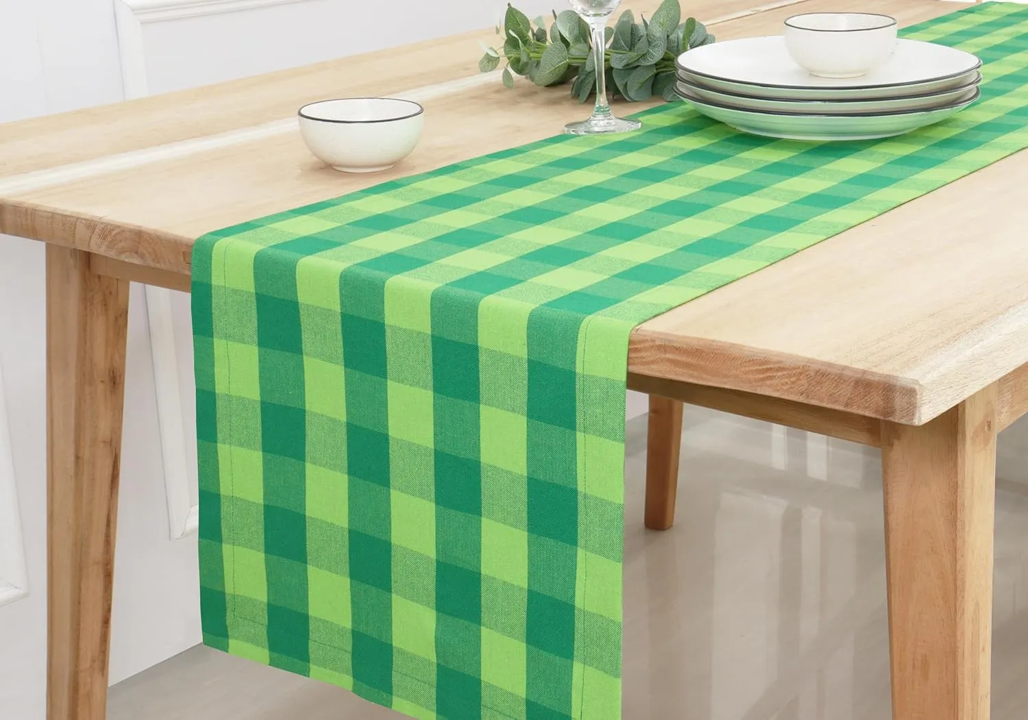 PurpleEssences Plaid Table Runner Classic Farmhouse 100% Cotton Checkered Table Runner St Patricks Day 14x72 Inch - St Patricks Green