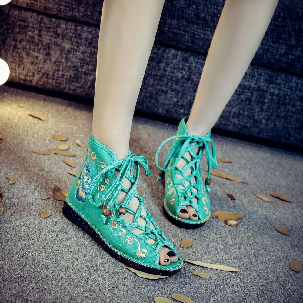 Qhome Women's Floral Embroidery Comfortable Casual Walking Canvas Bandage Flat Shoes