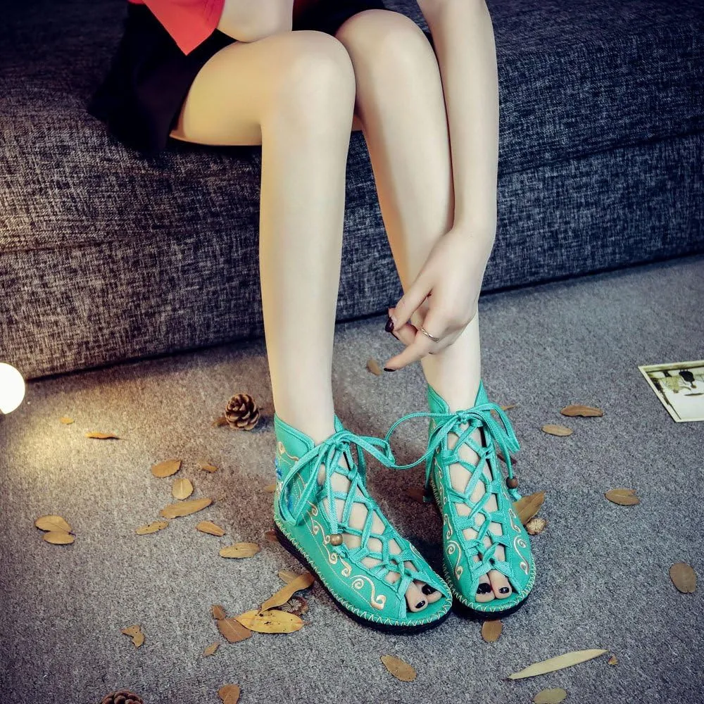 Qhome Women's Floral Embroidery Comfortable Casual Walking Canvas Bandage Flat Shoes