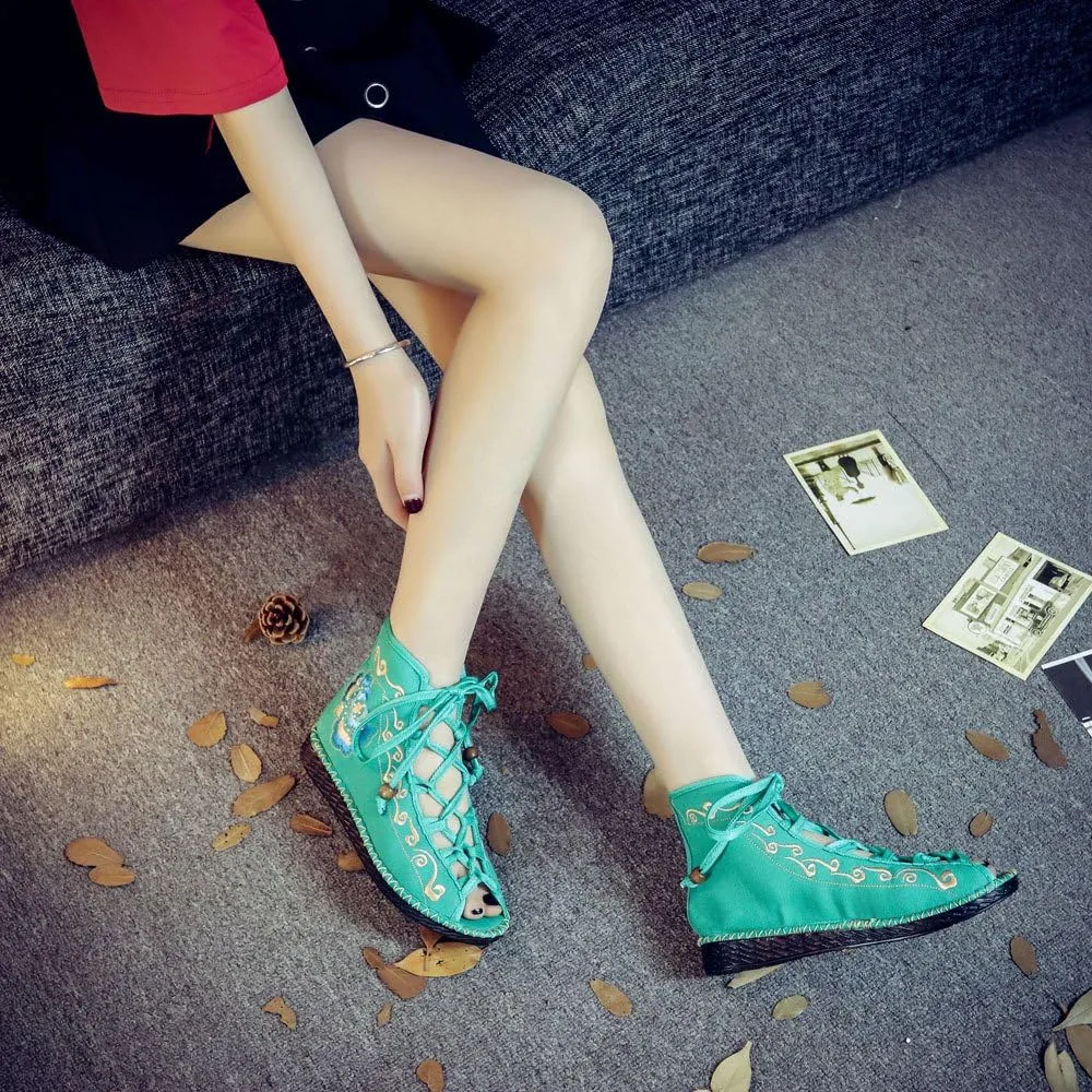 Qhome Women's Floral Embroidery Comfortable Casual Walking Canvas Bandage Flat Shoes