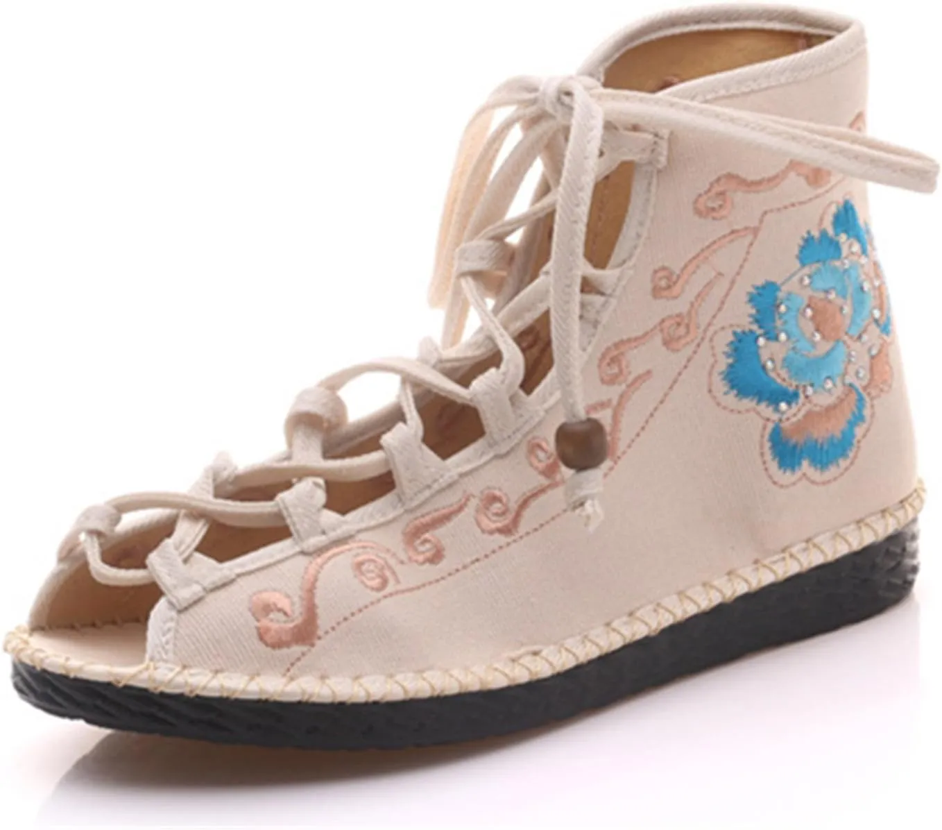 Qhome Women's Floral Embroidery Comfortable Casual Walking Canvas Bandage Flat Shoes
