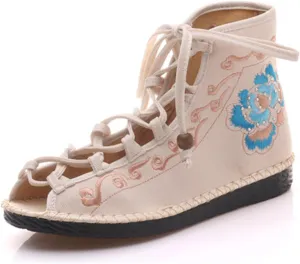 Qhome Women's Floral Embroidery Comfortable Casual Walking Canvas Bandage Flat Shoes