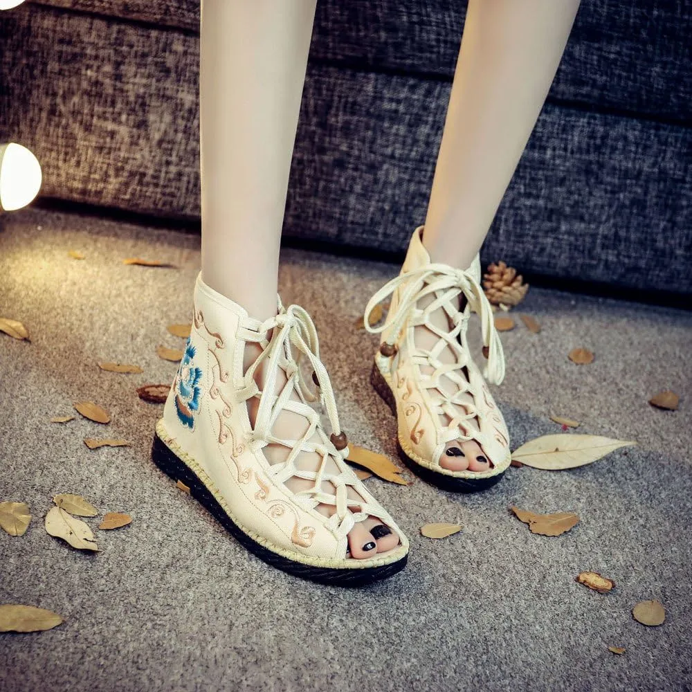 Qhome Women's Floral Embroidery Comfortable Casual Walking Canvas Bandage Flat Shoes