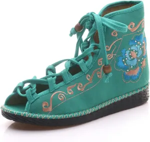Qhome Women's Floral Embroidery Comfortable Casual Walking Canvas Bandage Flat Shoes