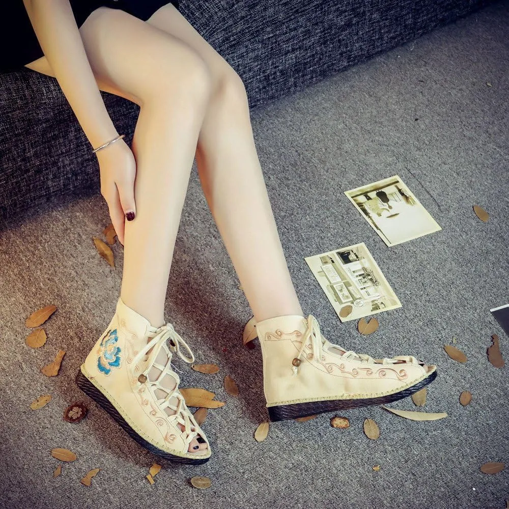 Qhome Women's Floral Embroidery Comfortable Casual Walking Canvas Bandage Flat Shoes