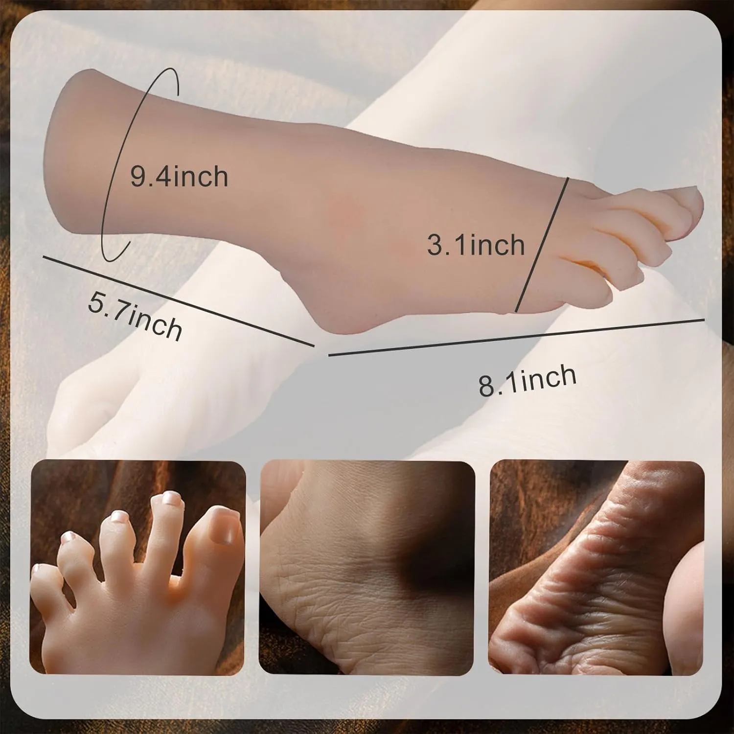 Realistic Feet Model, Soft TPE Female Mannequin Foot with Toe Bones Lifesize Fake Foot for Jewerly Sandal Shoe Sock Display,Left,Wheat