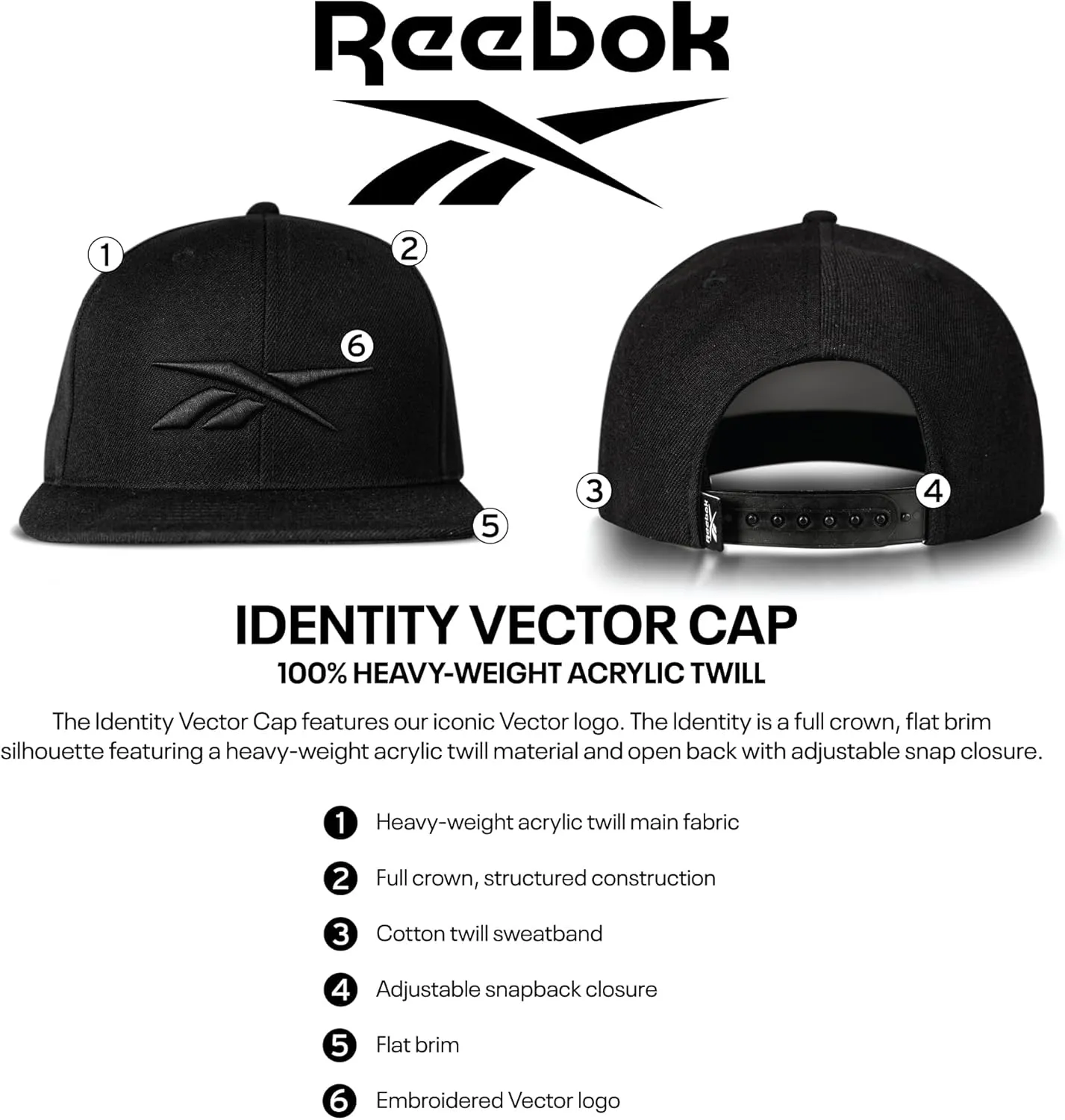 Reebok Identity Hat | Snapback | Flat Brim | Baseball Cap | Adjustable | Retro | Casual | Streetwear | Gym