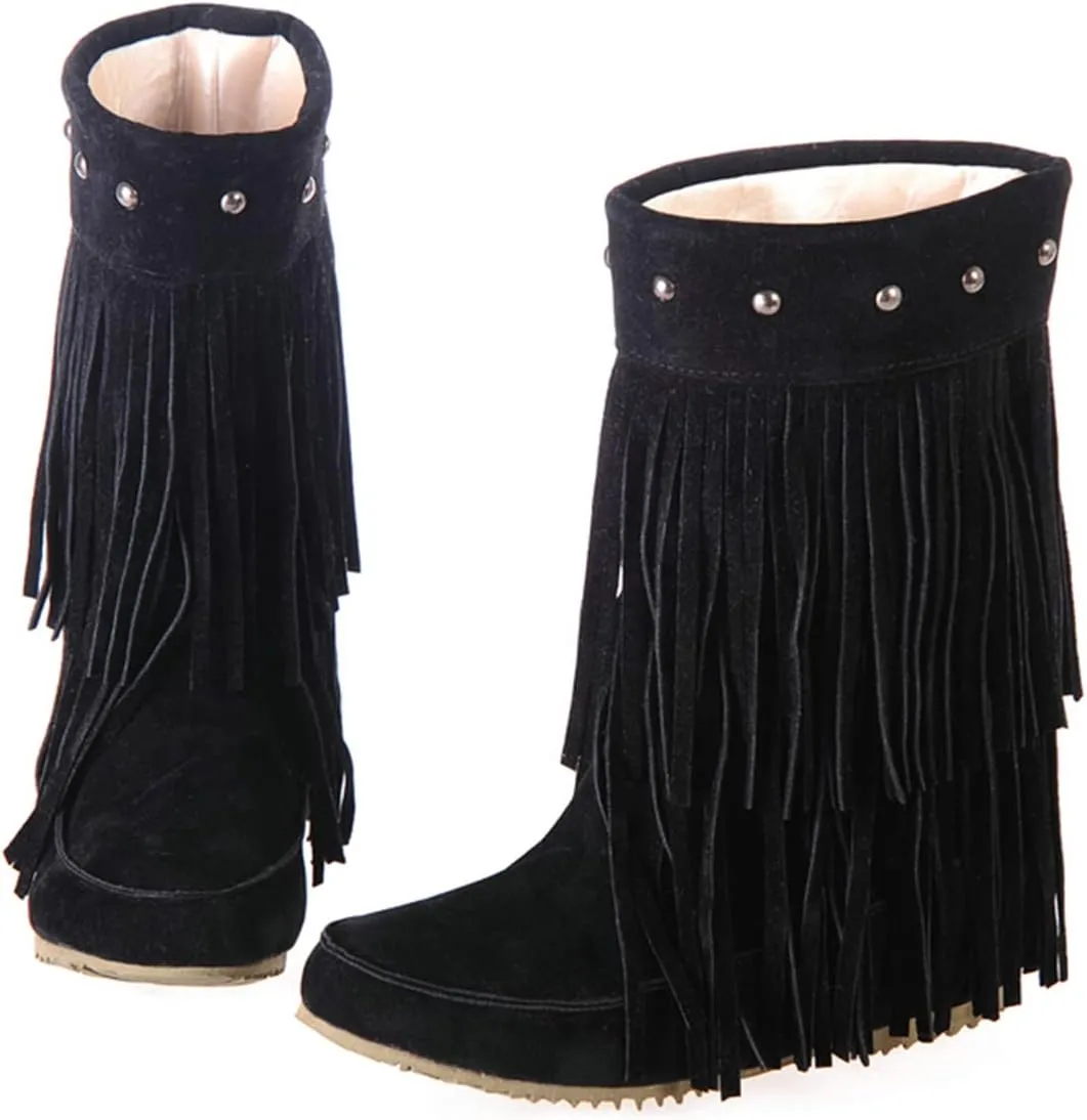 Roimaash Classic Double Fringe Moccasin Boots Mid Calf Women Flat