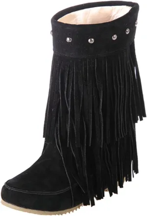 Roimaash Classic Double Fringe Moccasin Boots Mid Calf Women Flat