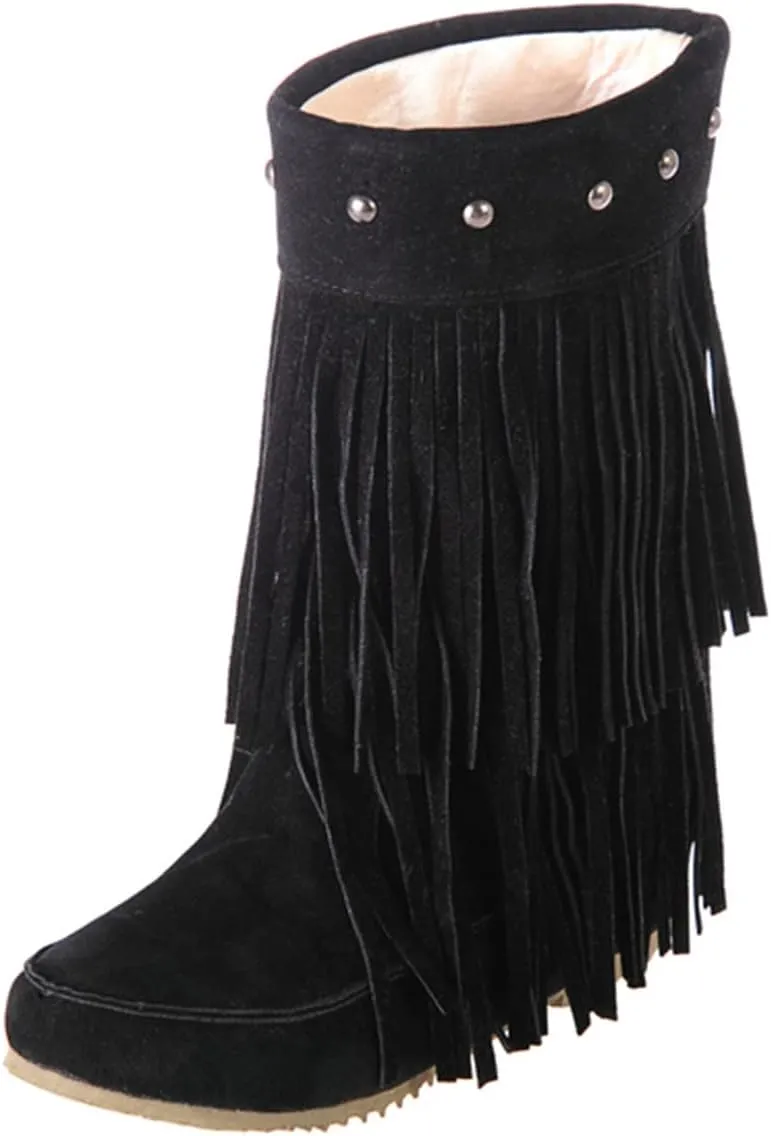 Roimaash Classic Double Fringe Moccasin Boots Mid Calf Women Flat