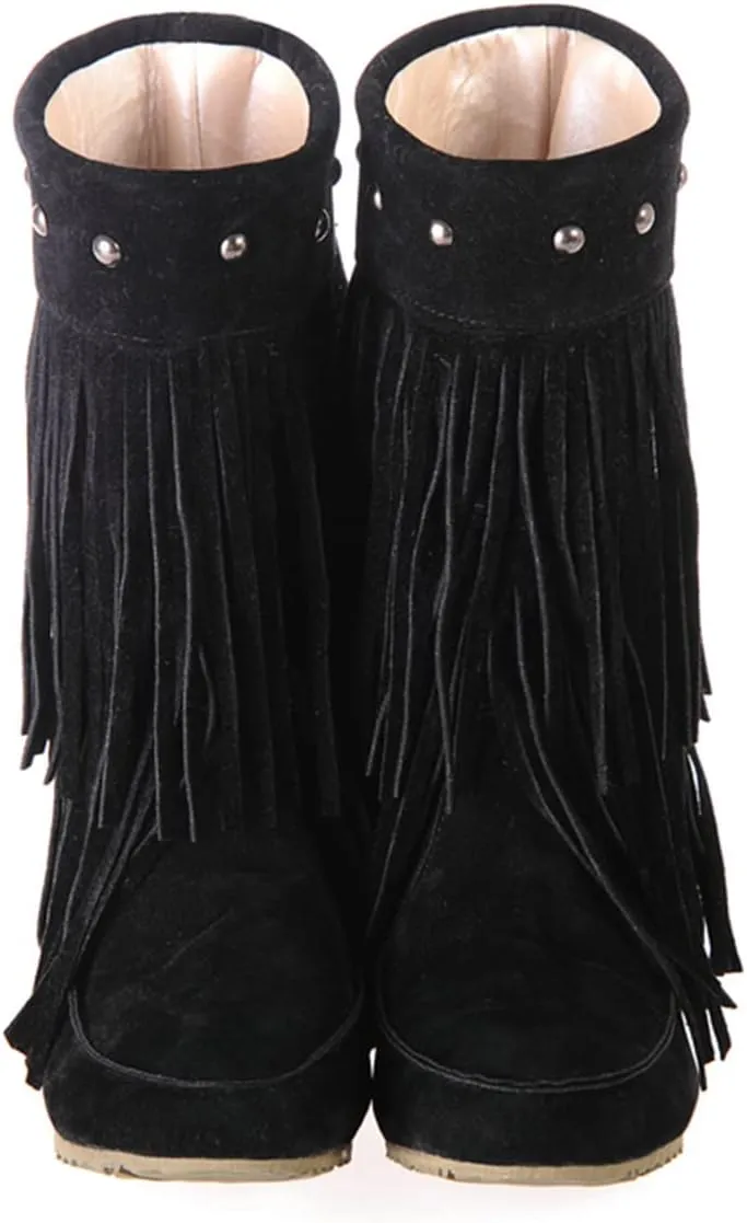 Roimaash Classic Double Fringe Moccasin Boots Mid Calf Women Flat