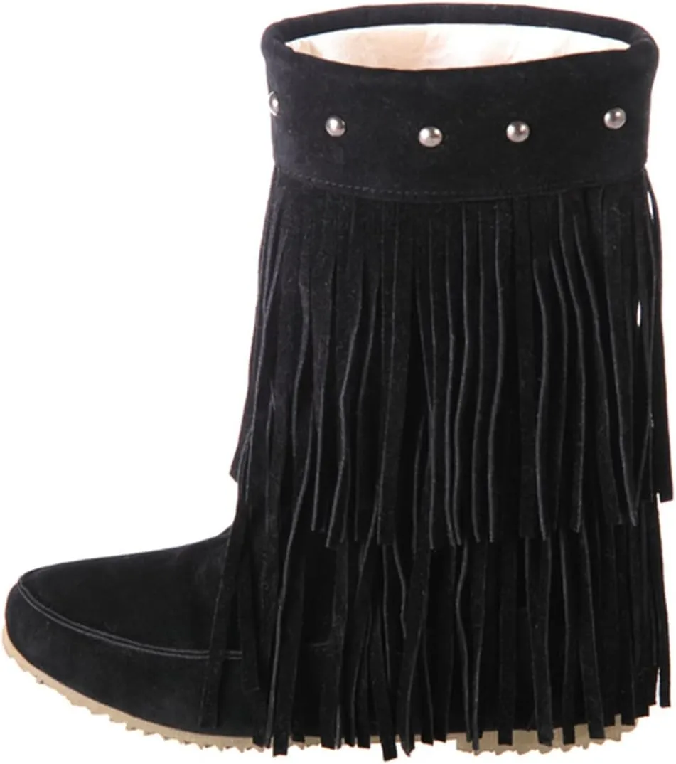 Roimaash Classic Double Fringe Moccasin Boots Mid Calf Women Flat