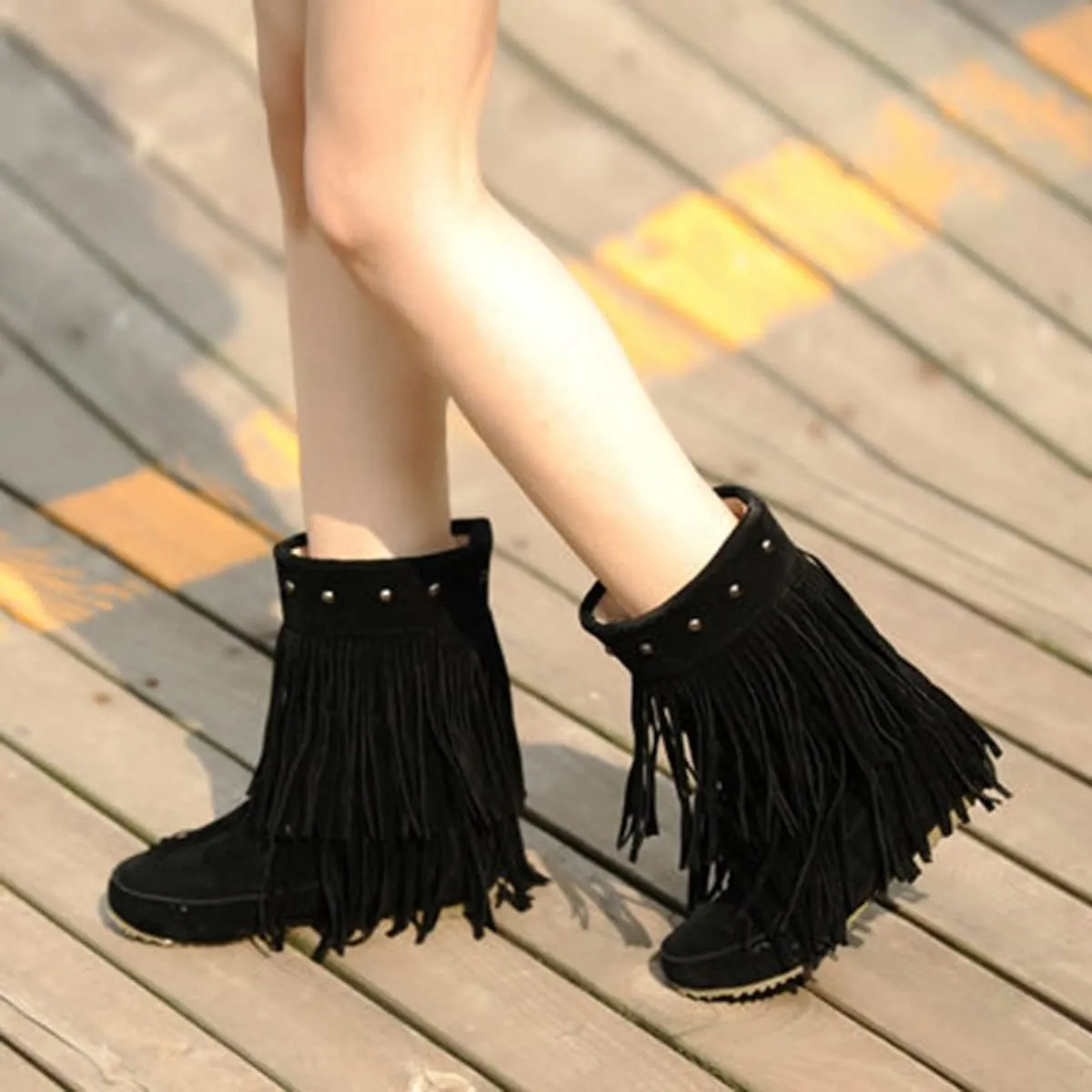 Roimaash Classic Double Fringe Moccasin Boots Mid Calf Women Flat