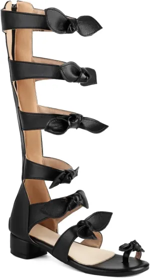 SACFOF Womens Knee High Gladiator Dressy Sandals Bow Open Toe Summer Roman Outdoor Boots Back Zipper Low Heel Sandals