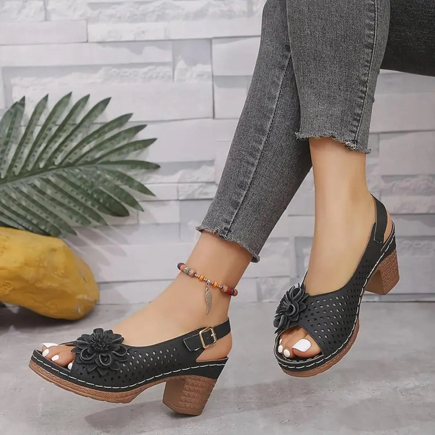 Sandals for Women 2025 Chunky High Block Heels Fish Mouth Flowers Sandals Casual Comfortable Hollow Out Wedge Sandal