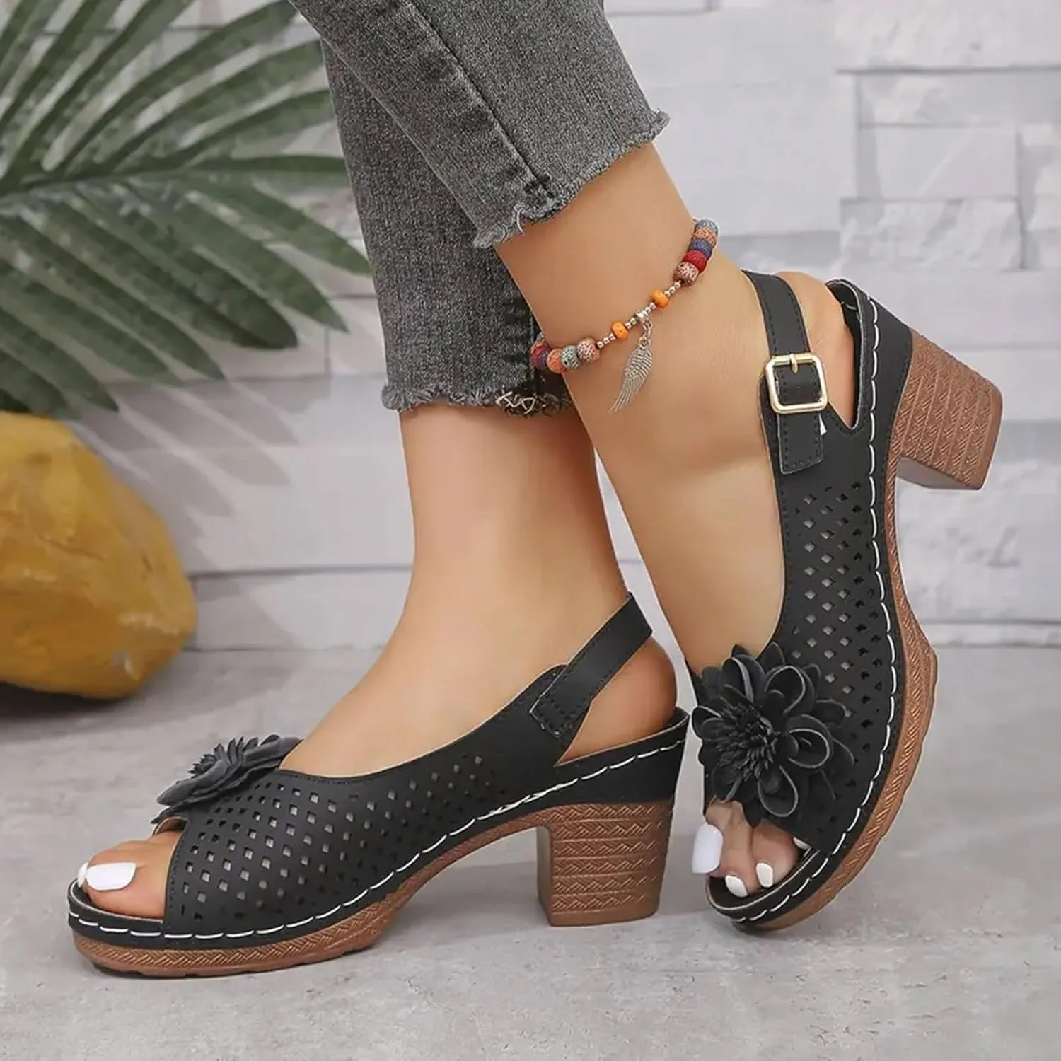 Sandals for Women 2025 Chunky High Block Heels Fish Mouth Flowers Sandals Casual Comfortable Hollow Out Wedge Sandal