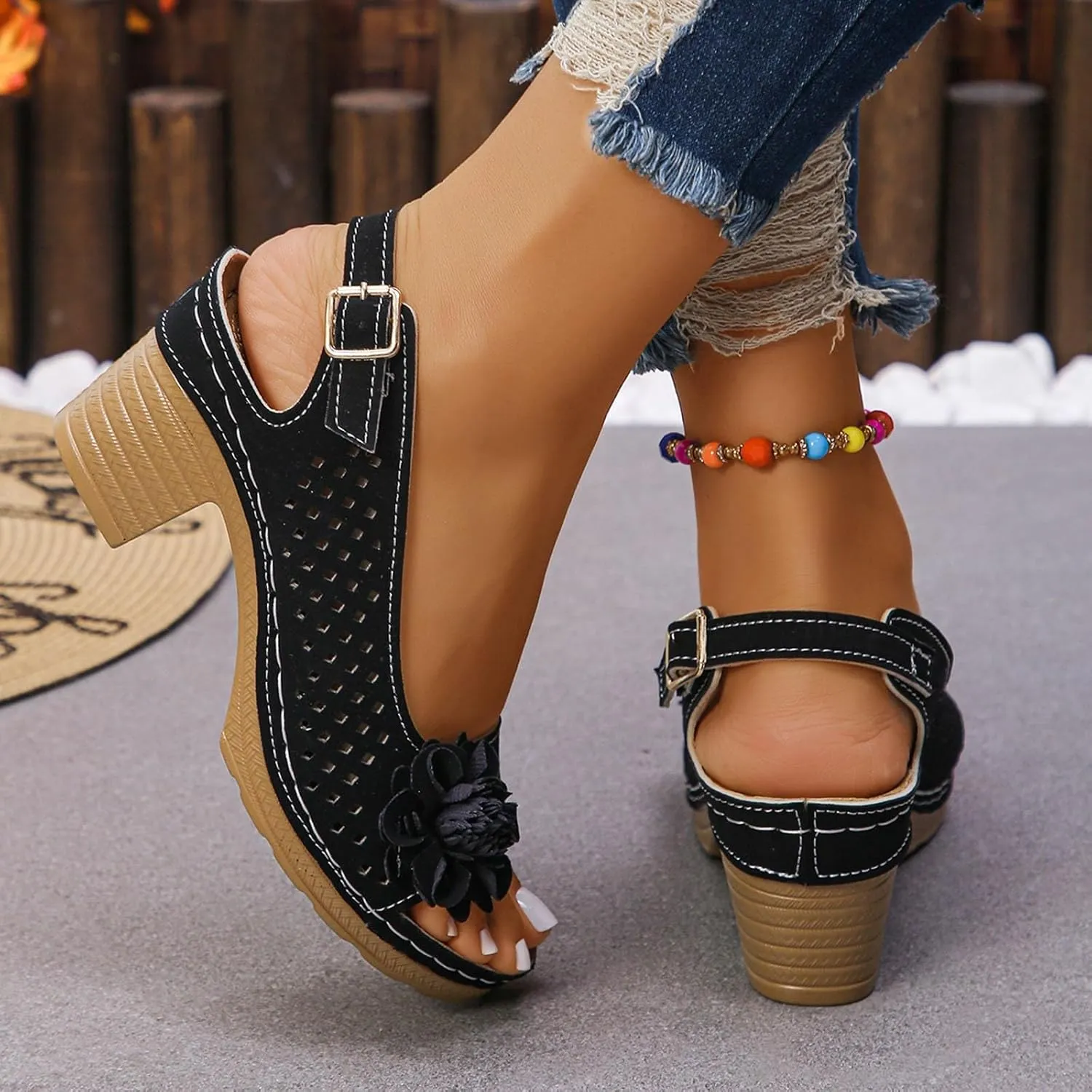 Sandals for Women 2025 Chunky High Block Heels Fish Mouth Flowers Sandals Casual Comfortable Hollow Out Wedge Sandal