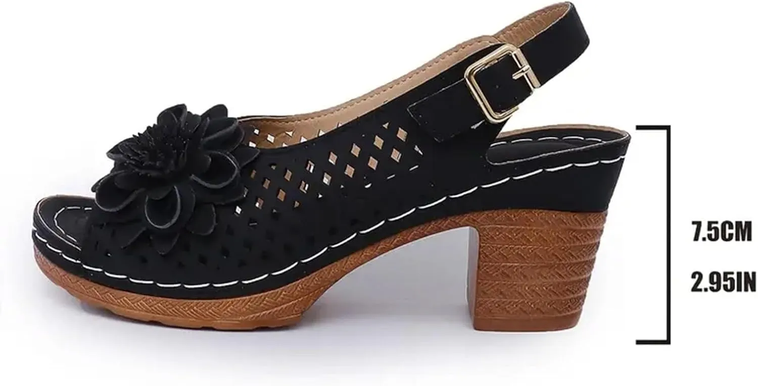 Sandals for Women 2025 Chunky High Block Heels Fish Mouth Flowers Sandals Casual Comfortable Hollow Out Wedge Sandal
