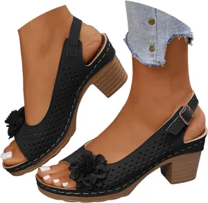 Sandals for Women 2025 Chunky High Block Heels Fish Mouth Flowers Sandals Casual Comfortable Hollow Out Wedge Sandal