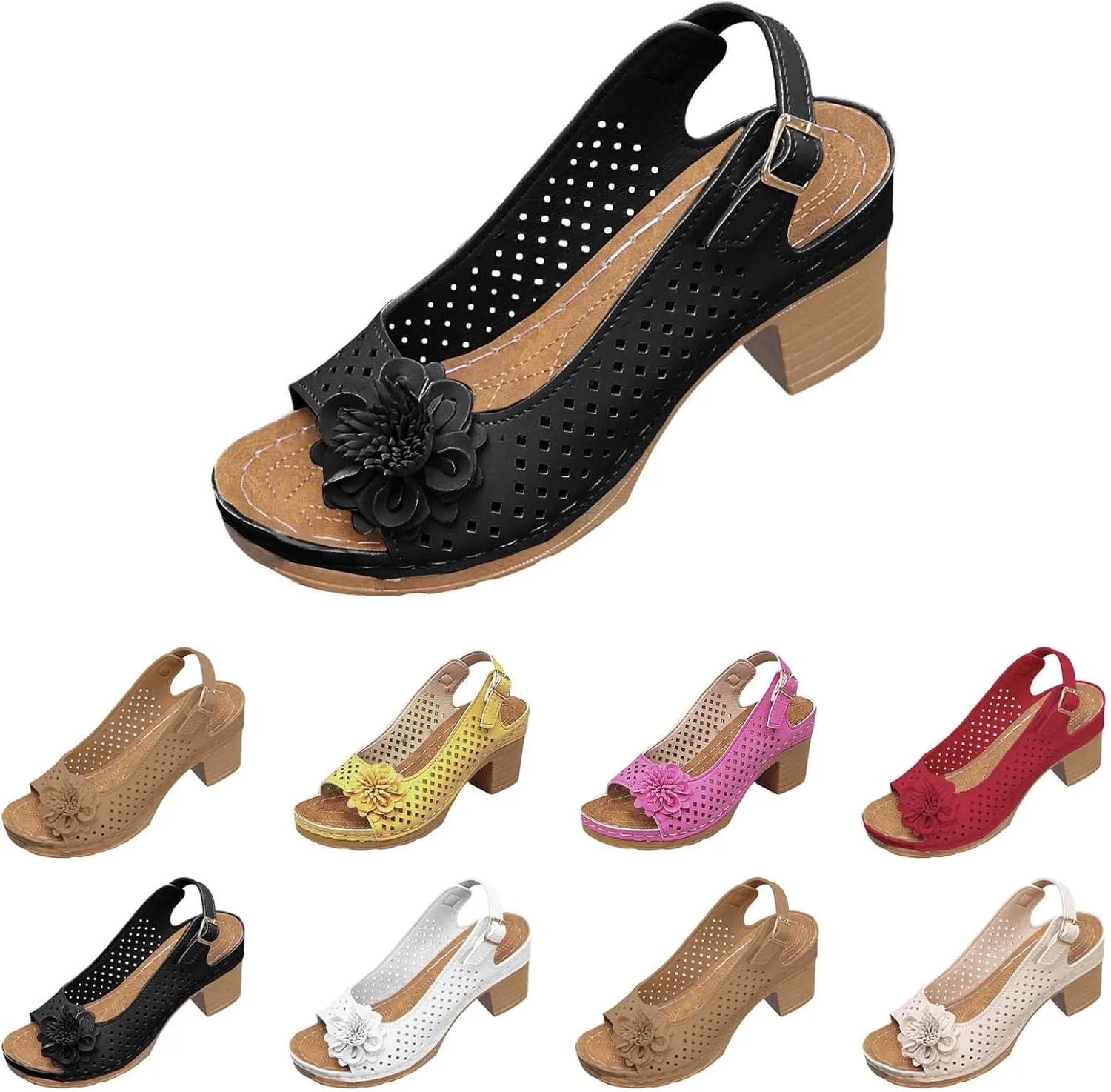 Sandals for Women 2025 Summer Casual Ankle Strap Hollow Out Platform Wedge Sandal Beach Chunky Block Heel Flower Sandal