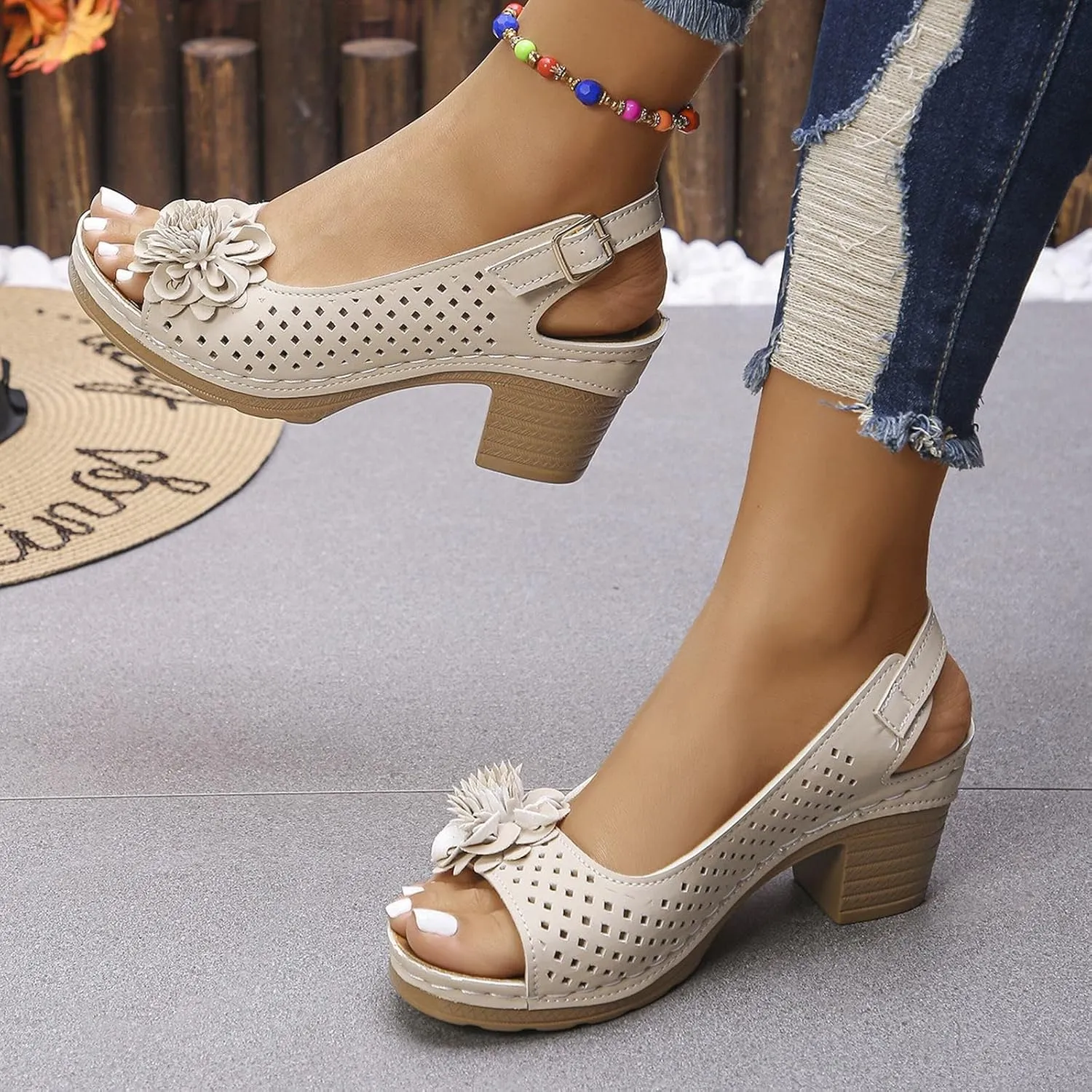 Sandals For Women 2025 Summer High Heel Shoes Casual Ankle Strap Hollow Out Platform Wedge Fish Mouth Flowers Sandal
