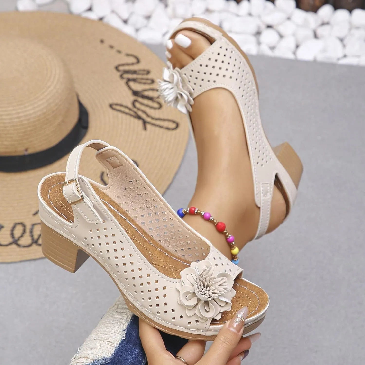 Sandals For Women 2025 Summer High Heel Shoes Casual Ankle Strap Hollow Out Platform Wedge Fish Mouth Flowers Sandal