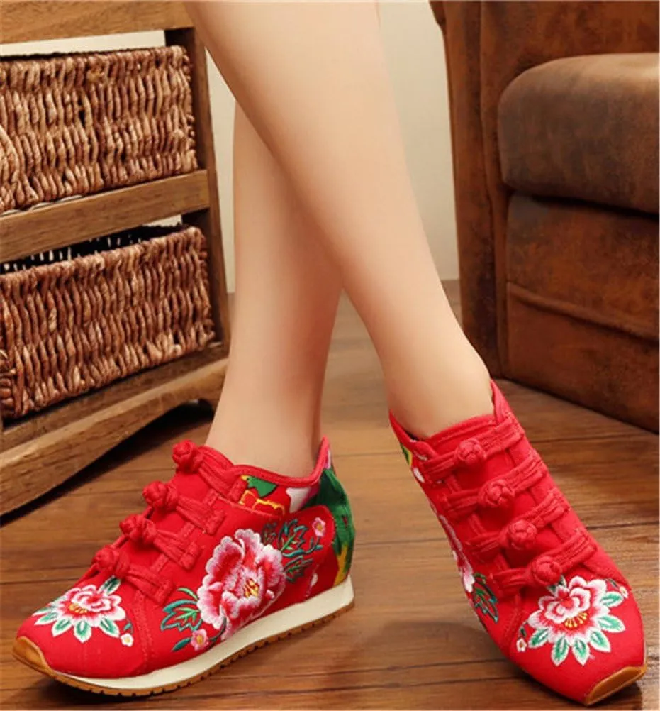 SATUKI Handmade Embroidered Shoes for Women, Chinese Knot Style Casual Loafer Floral Shoes