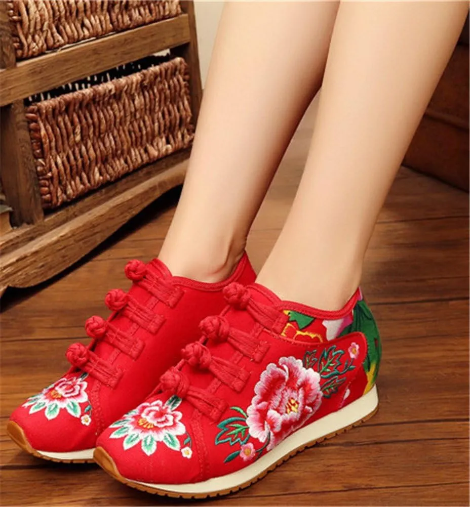 SATUKI Handmade Embroidered Shoes for Women, Chinese Knot Style Casual Loafer Floral Shoes