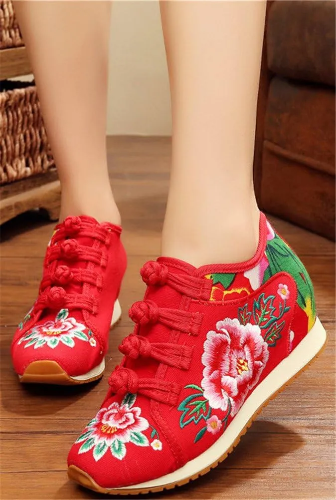 SATUKI Handmade Embroidered Shoes for Women, Chinese Knot Style Casual Loafer Floral Shoes