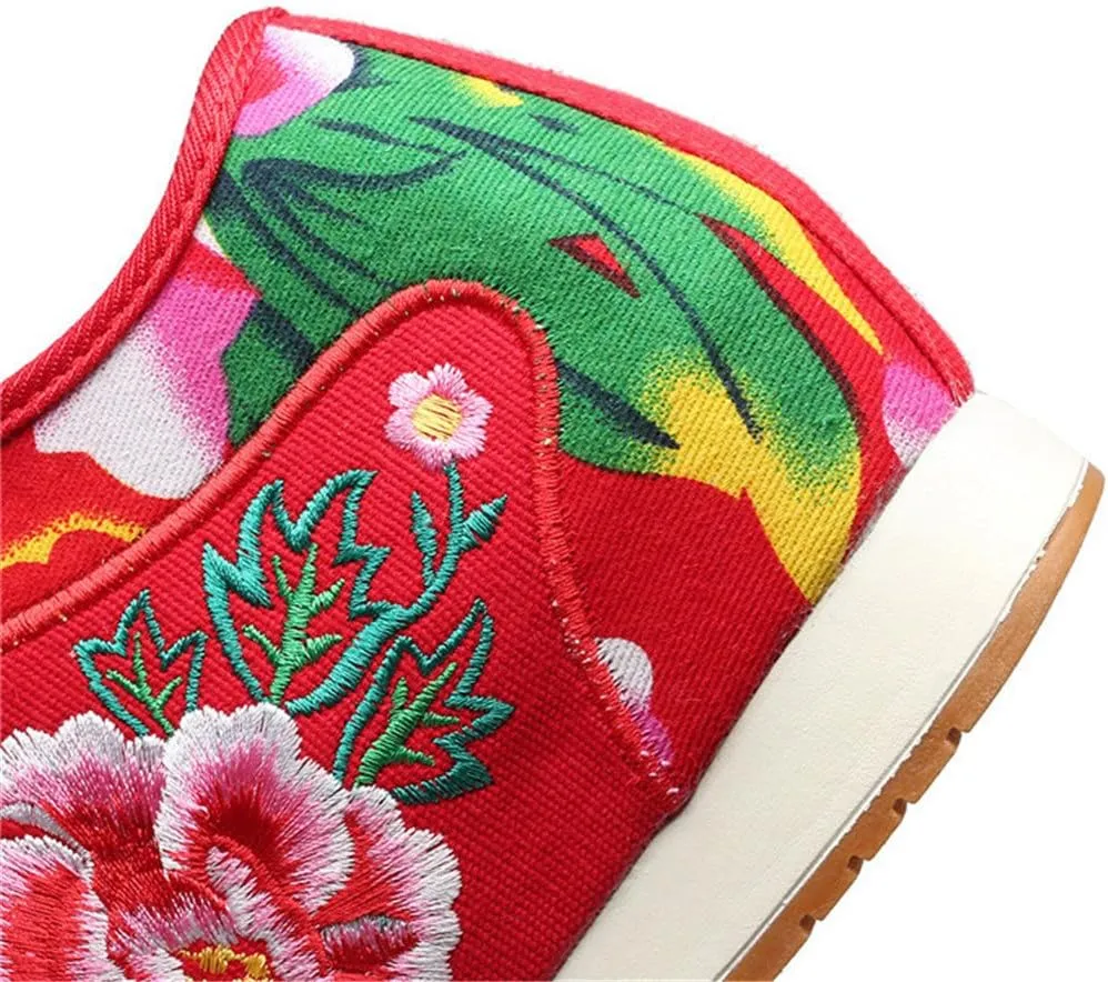 SATUKI Handmade Embroidered Shoes for Women, Chinese Knot Style Casual Loafer Floral Shoes