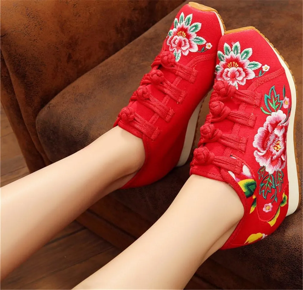 SATUKI Handmade Embroidered Shoes for Women, Chinese Knot Style Casual Loafer Floral Shoes
