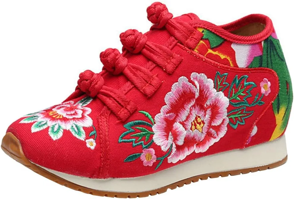 SATUKI Handmade Embroidered Shoes for Women, Chinese Knot Style Casual Loafer Floral Shoes