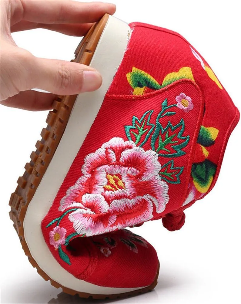 SATUKI Handmade Embroidered Shoes for Women, Chinese Knot Style Casual Loafer Floral Shoes
